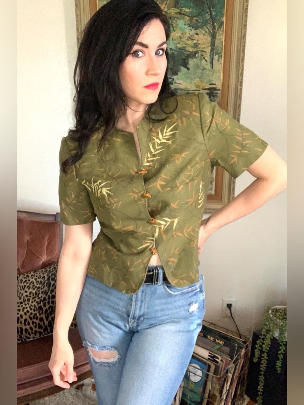 Vintage Olive Green Botanical Short-Sleeve Button Front Top